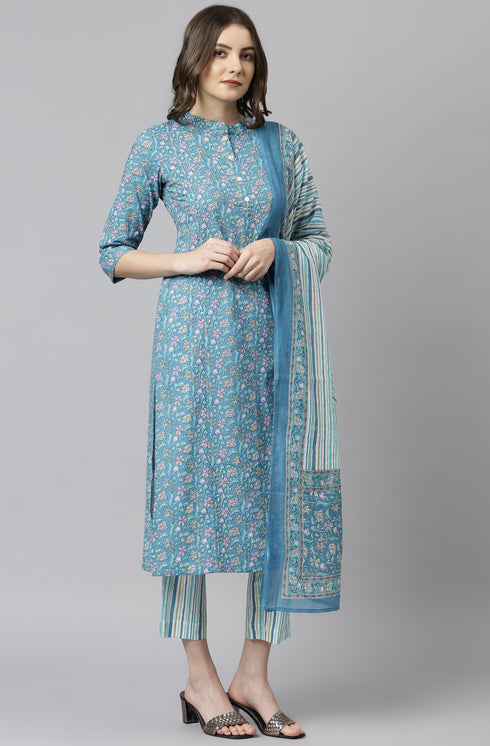 Blue Cotton Floral Print Kurta with Pant and Dupatta